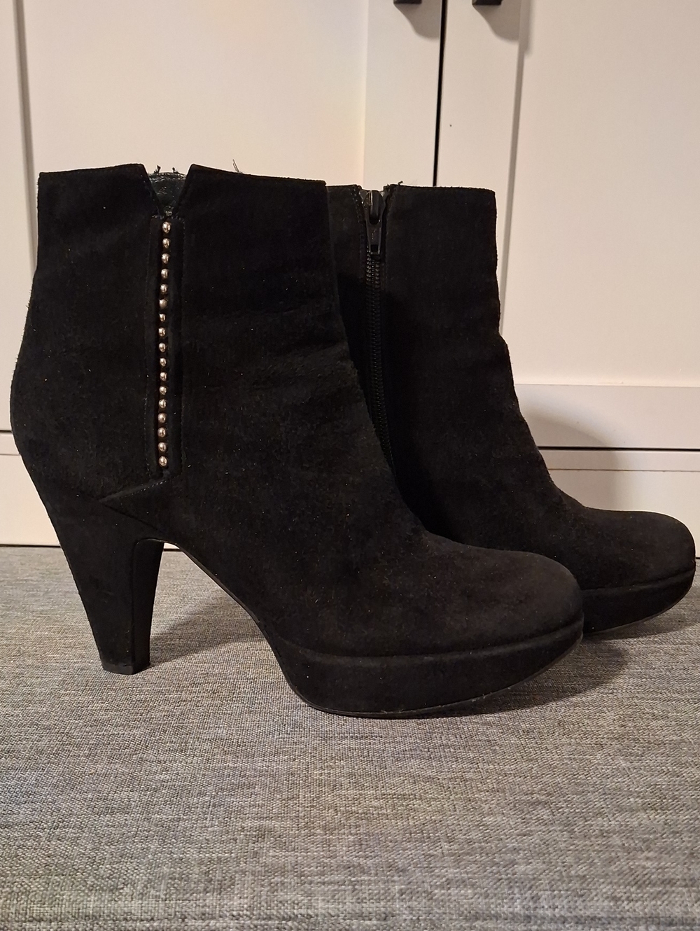 Stuart Weitzman Black Suede Ankle Booties with Side Stud Trim